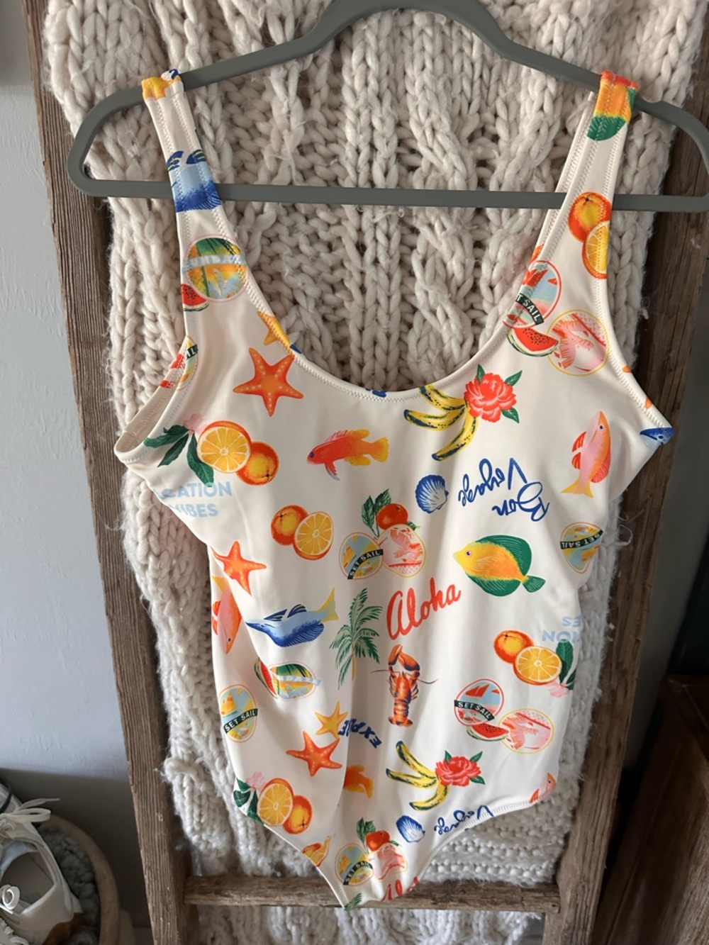 Old Navy Cream One-Piece Swimsuit with Bright Tropical Print - Picture 1 of 4